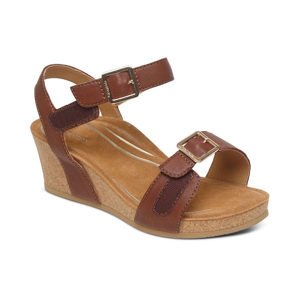 Aetrex Women's Lexa Quarter Strap Wedge Sandals Walnut Sandals UK 0180-489